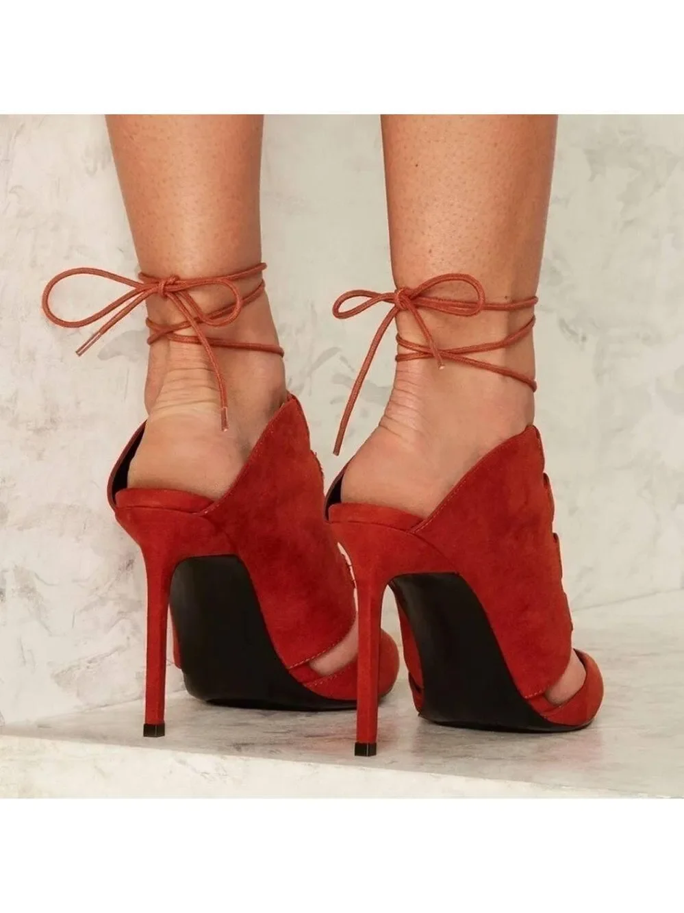 Nasty Gal burnt orange red lace-up faux leather mules high heels Sz 8.5
